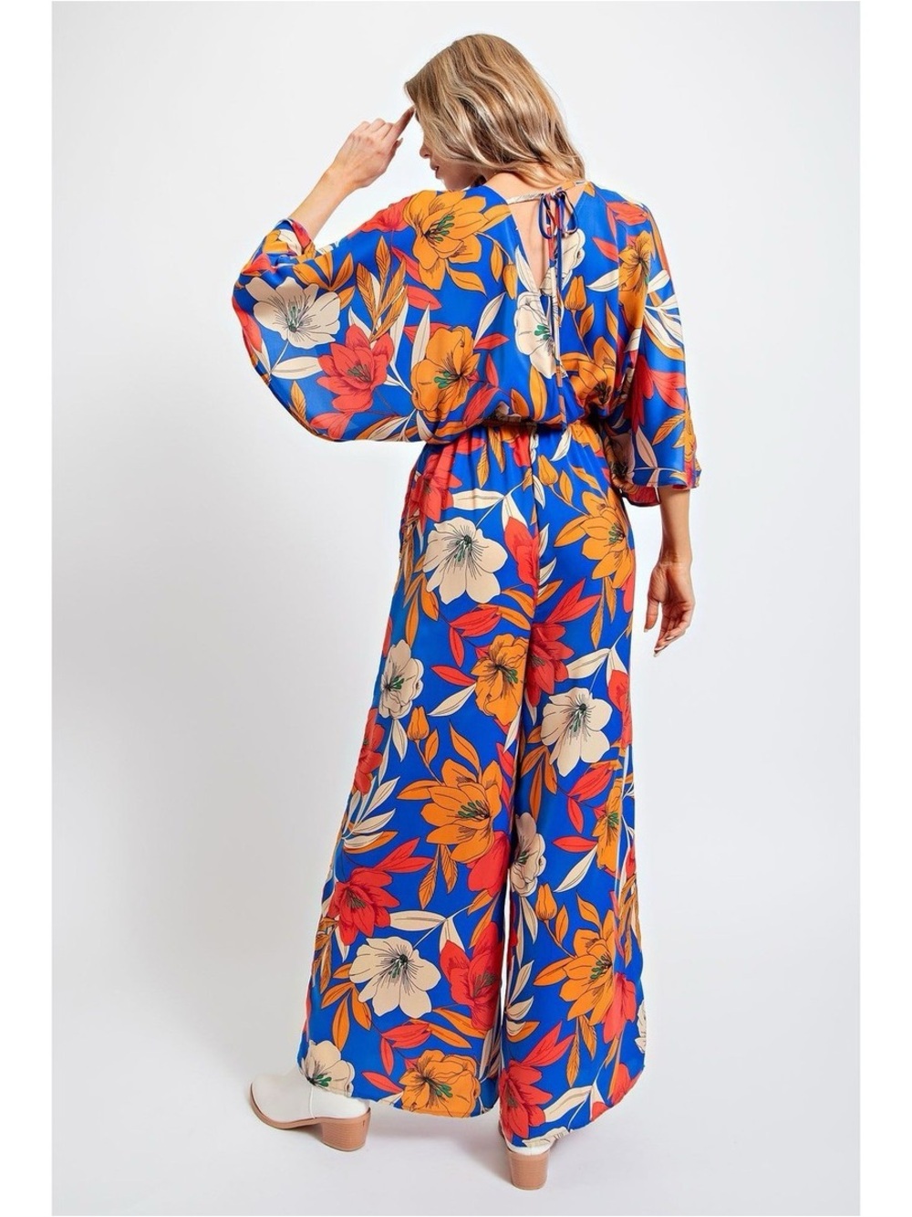 Easel Mirabelle Red Blue Orange Floral Wide Leg Jumpsuit Sz L NWT - Picture 2 of 9